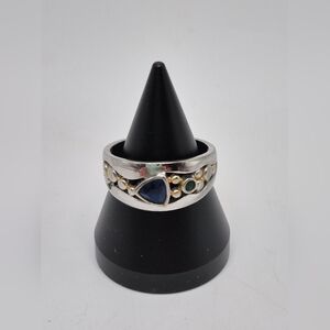 Chunky 925 STERLING Silver Ring with Blue and Green Accent Stones Size 10 2 Tone